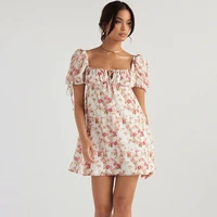high quality summer floral dress sexy short sleeve mini dress double layer drawstring casual dress for party beach clubwear