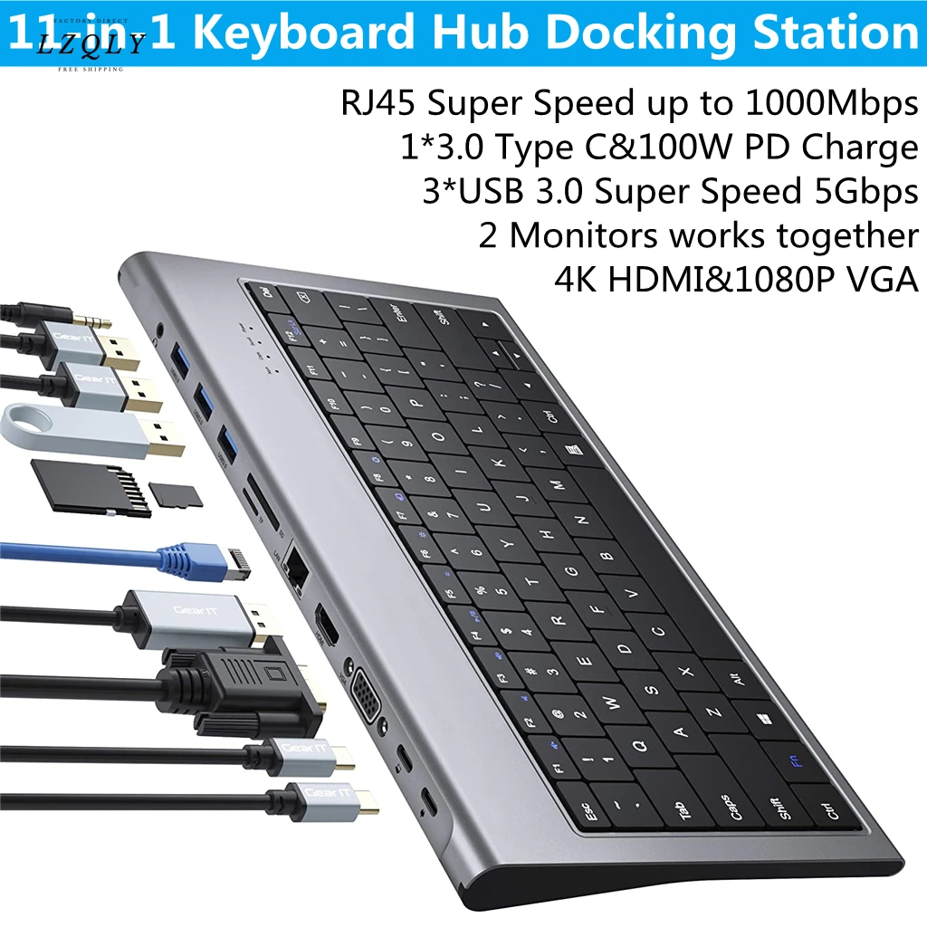 

Keyboard Type 11-in-1 c Hub Docking Station with Usb-c 100w Pd Usb 3.0 Hdmi 4k Sd Microsd Vgarj45 Ethernet 3.5mm Audio for Ipad