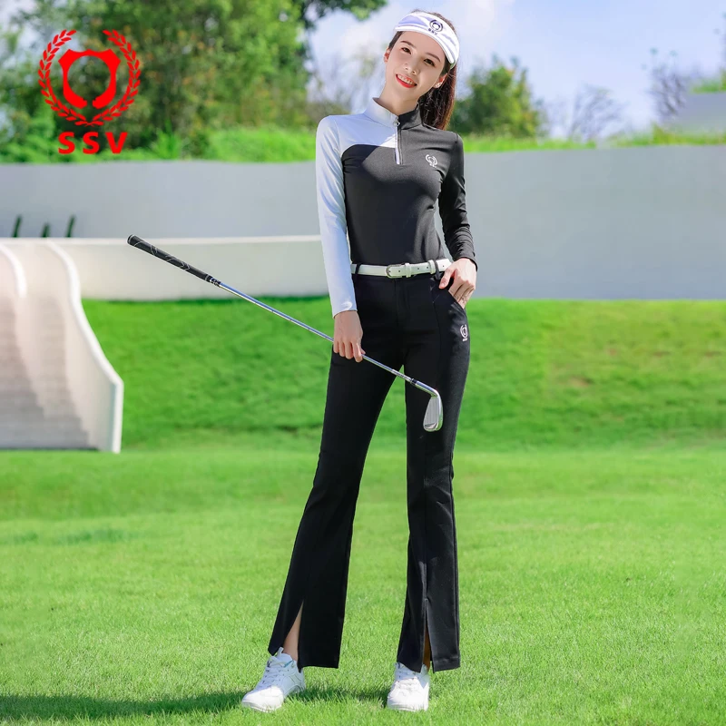 SSV Golf Women's Suit Long Sleeve Top Ladies Golf Zipper Stand Collar Polo Shirt Autumn Slim Shirts Slit Pants Sports Trousers