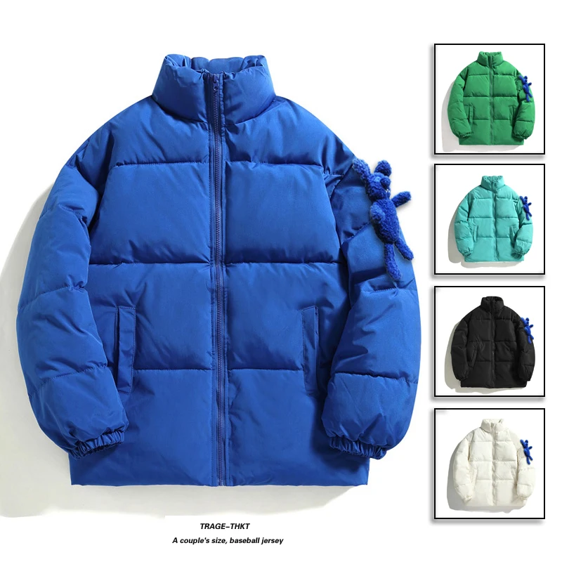

Winter Men's New All-match Solid Color Couple Stand-up Collar Zipper Bread Suit Creative Bear Pendant Solid Color Casual Jacket