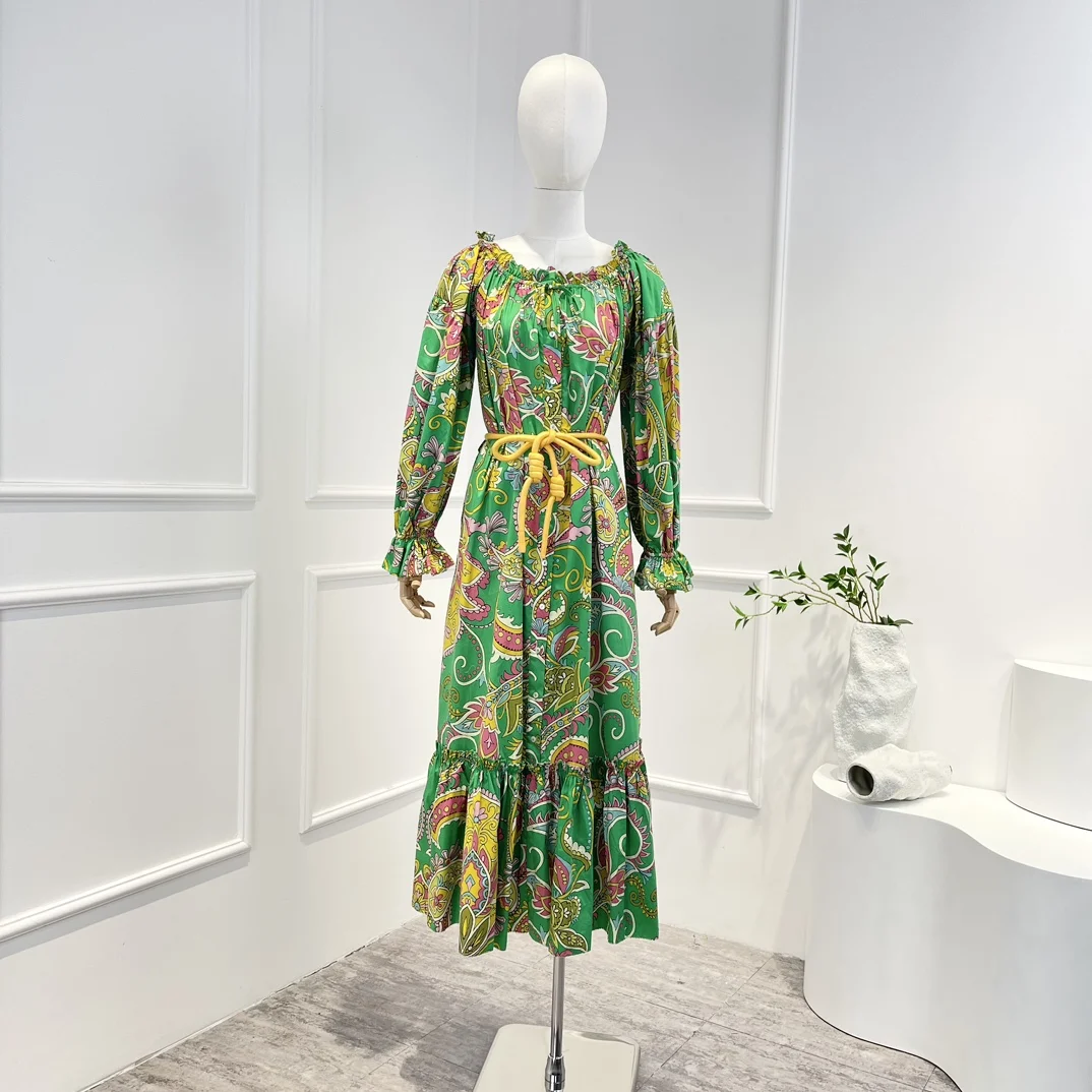 

Новое поступление 2023, высококачественное платье средней длины из органического хлопка с длинным рукавом, открытыми плечами и поясом для женщин