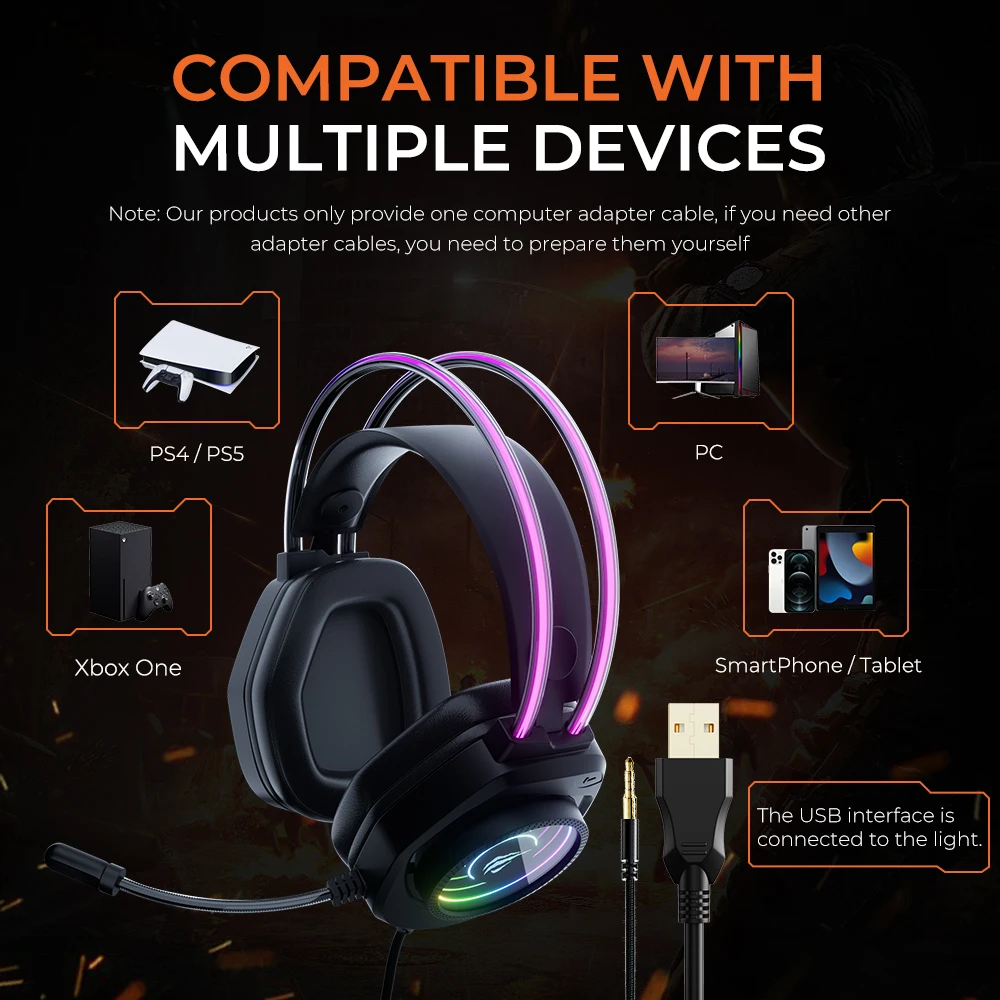 HAVIT H2016d RGB Gaming Headphone with Mic 3.5mm Wired Headset Gamer Overear Surround Sound for PC PS4 PS5 Xbox Switch Laptop