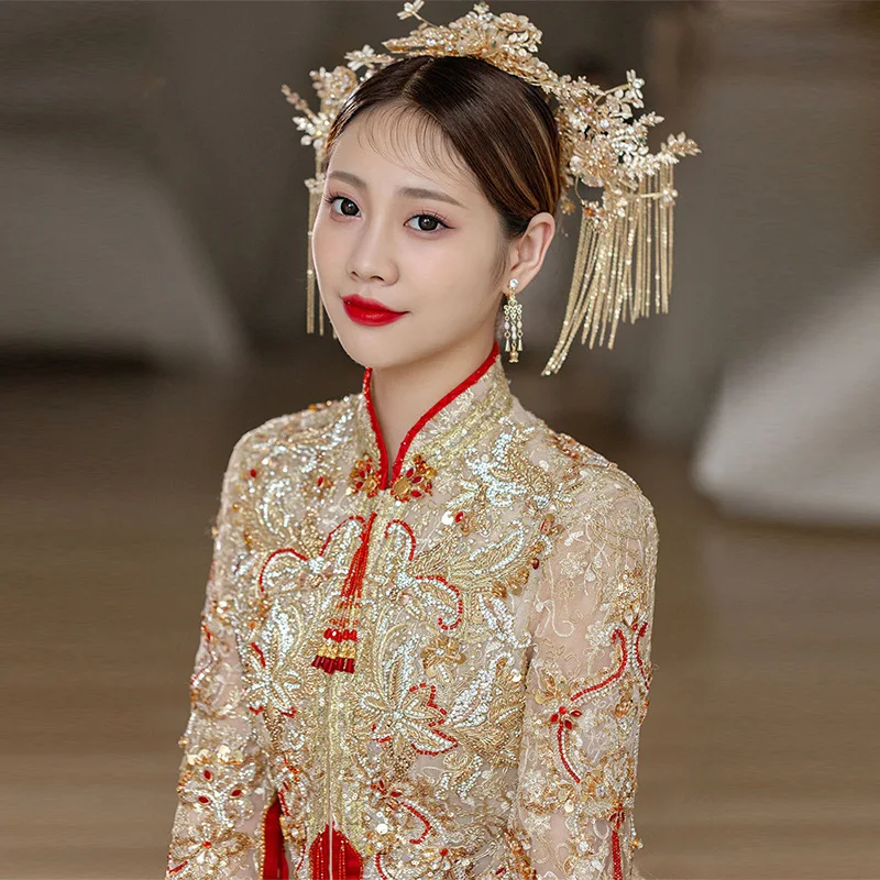 Champagne Embroidery Chinese Traditional Stylish Cheongsam Wedding Bridal Dress Banquet Women Vintage Style китайская одежда