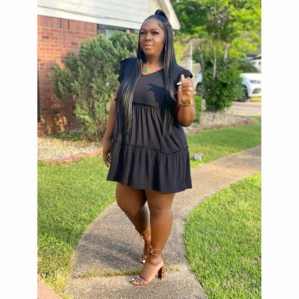 

Neck Waist Trimming Solid Color Wide Hem Ruffled Sleeveless Large Size Dress