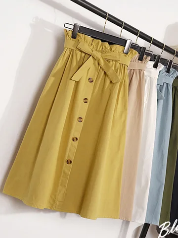 Summer Autumn Skirts Womens 2023 Midi Knee Length Korean Elegant Button High Waist Skirt Female Pleated School Skirt