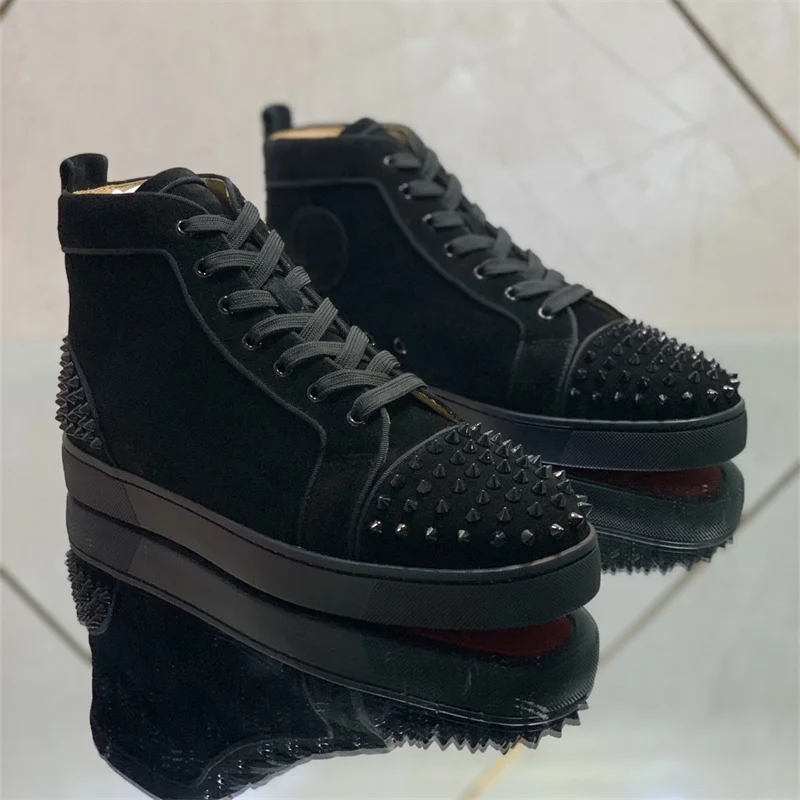 

Men's Sports Cleats High Top Luxury British Style Black Canvas Red Bottom Fashion Spring And Autumn Diamond Leather Ladies Casua