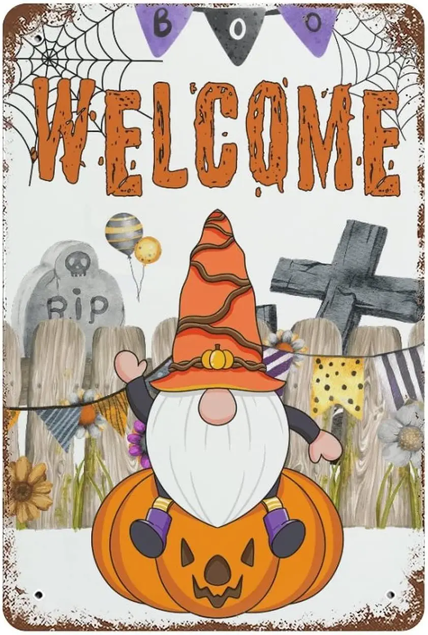 Grge Добро пожаловать Хэллоуин Pumpkn Gnomes Boo Spder Web Bt Metl Tn Sgn Festvl Украшения дома 812 nch Vntge Wll