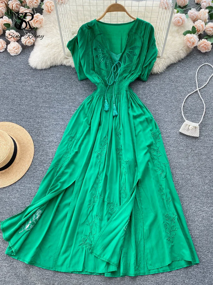 

SINGREINY French Style Split Women Dress 2022 Summer Hollow Out V Neck Sexy Retro Court vestidos elegantes para mujer