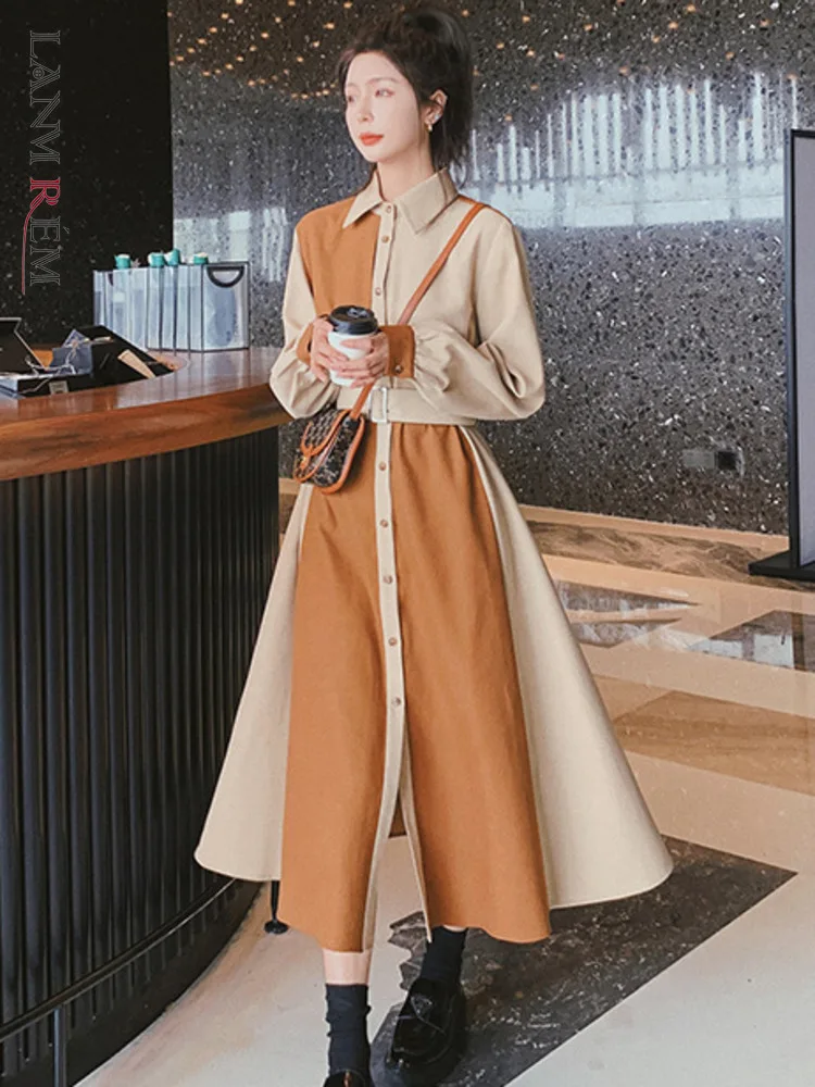 

Женское однобортное платье LANMREM, разноцветное платье средней длины с длинными рукавами, осень 2022, 2R4508