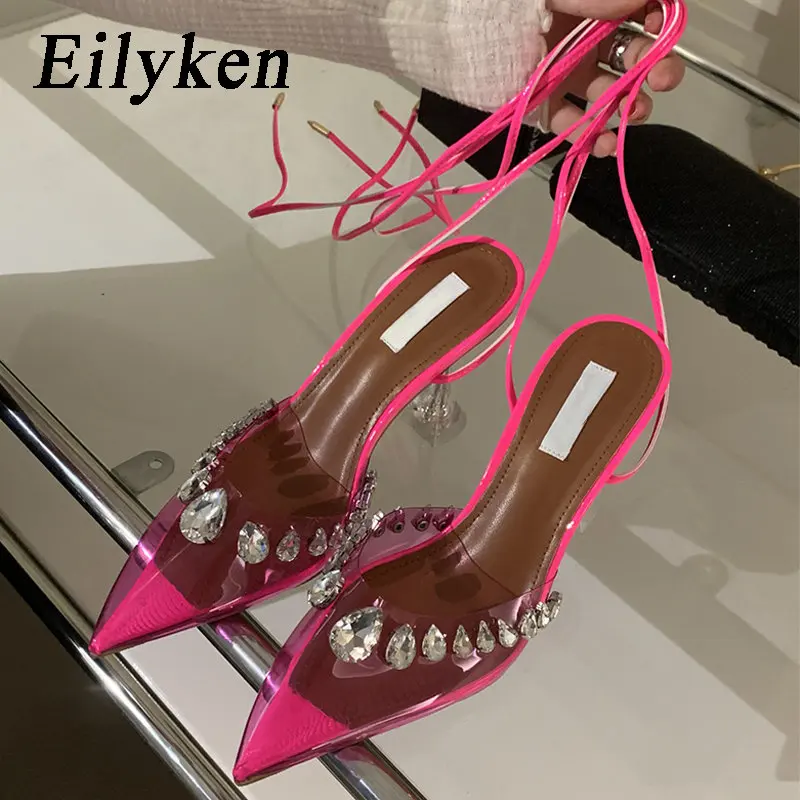 

Eilyken/женские прозрачные туфли-лодочки на шнуровке из ПВХ в уличном стиле пикантные босоножки для свадьбы для вечеринки туфли на высоком каблуке с кристаллами