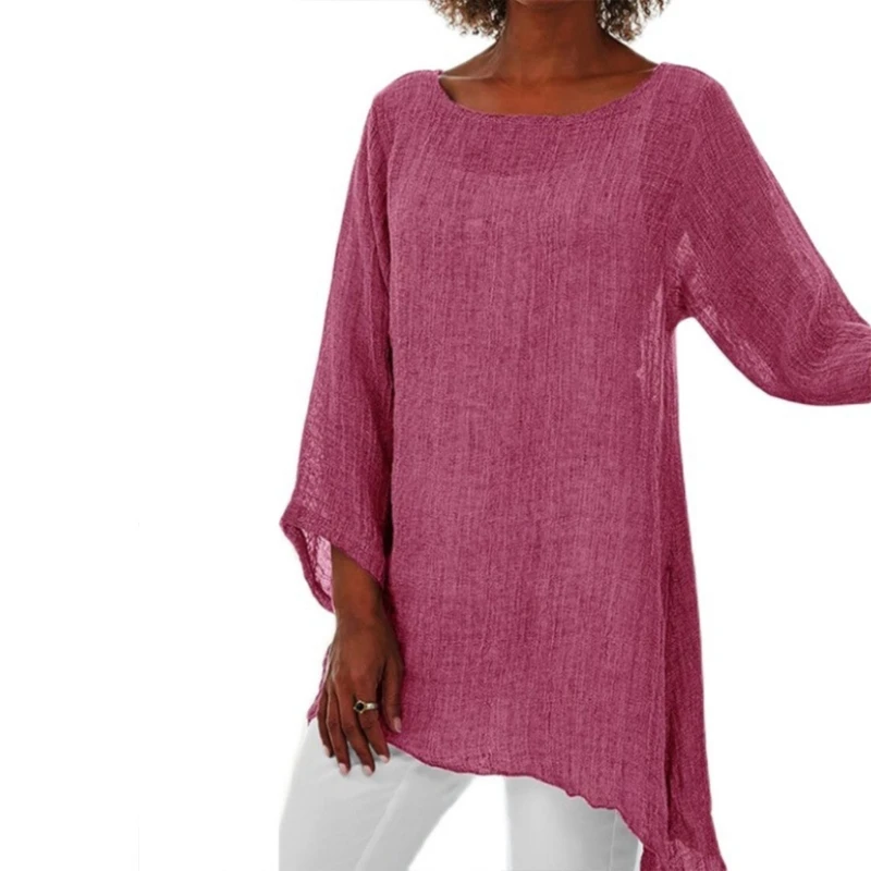 

Blouses Womens Solid Color Cotton Linen O-Neck Long Sleeve Irregular Tunics Top