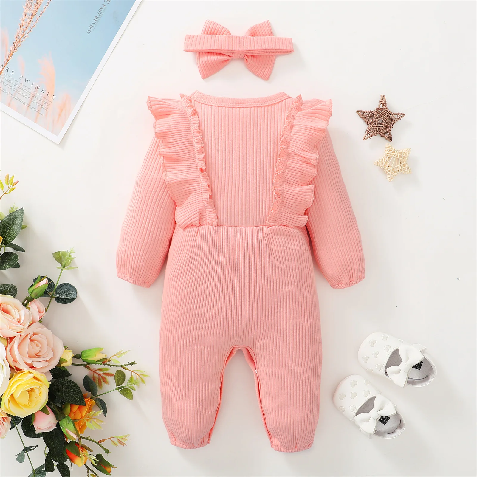 PatPat Baby Girl Clothes 2pcs Infant Newborn Romper Casual 95% Cotton Ribbed Long-sleeve Bowknot Button Jumpsuit Headband Set