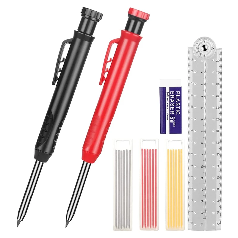 

2 Pcs Carpenter Pencils Mechanical With 18 Pcs Refills, Folding Ruler And Eraser, Carpenter Mechanical Pencil Metal