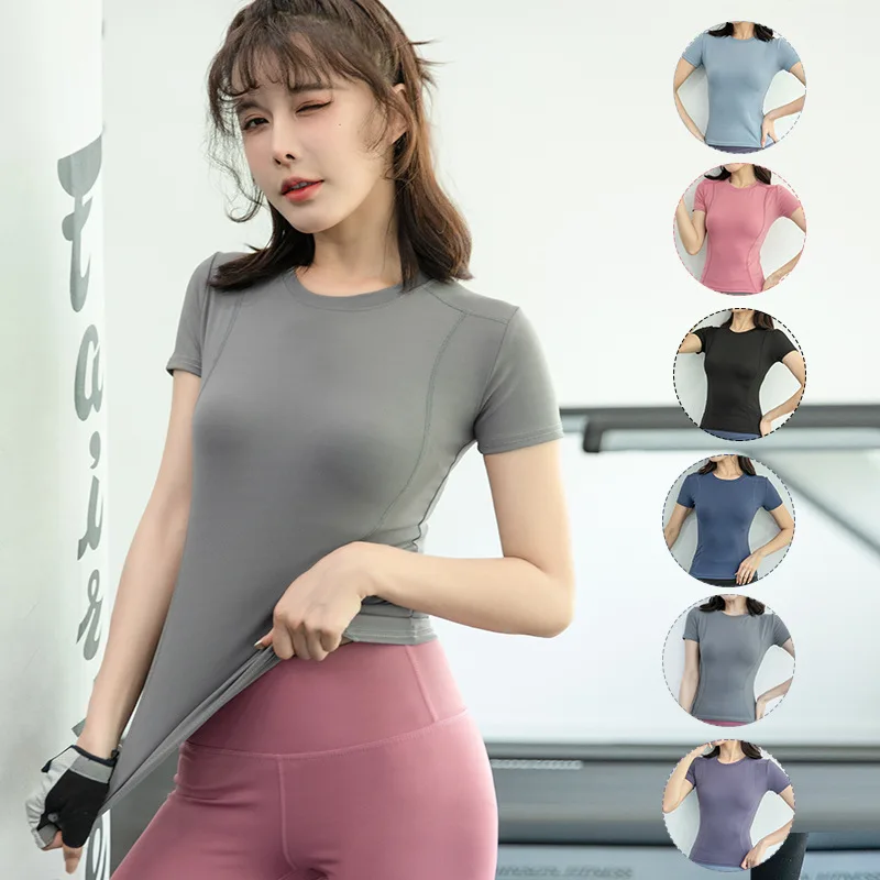 

2023 New Slim-fit Yoga Suit Women's Sports Fitness Running Sweat-absorbent Quick-drying Slimming Tight Short-sleeved T-shirt