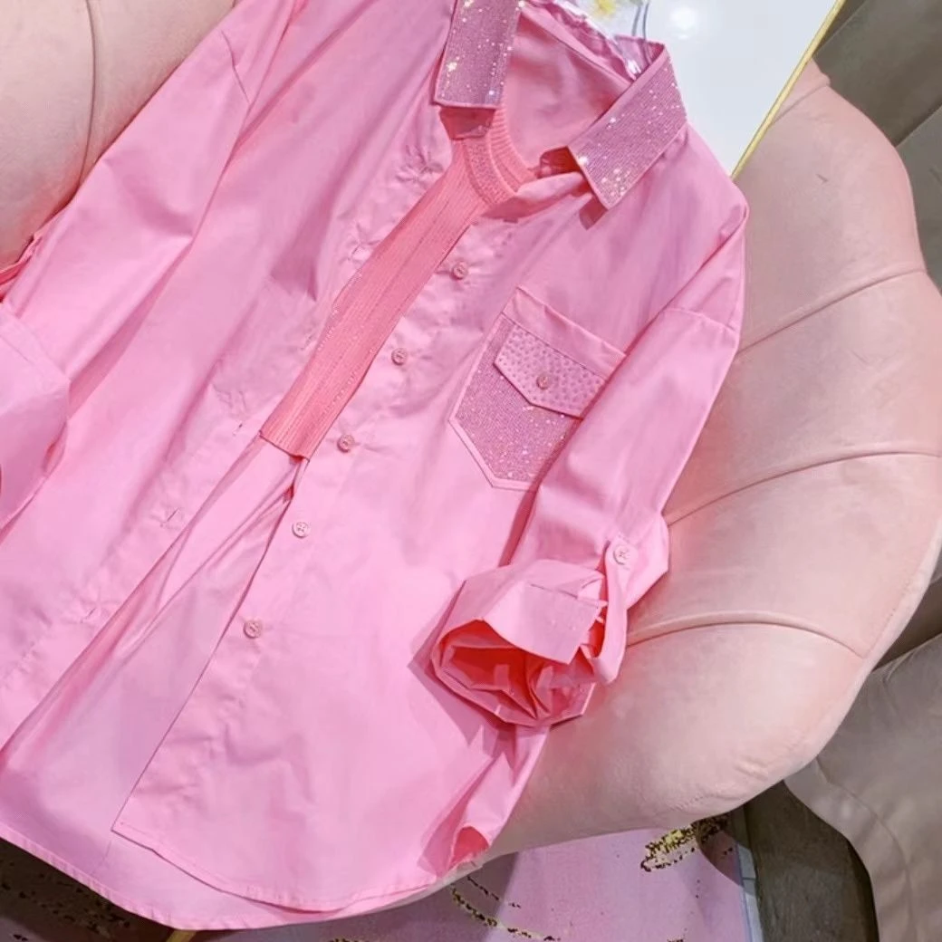 

Women Candy Color Hot Drilling Pocket Shirts Spring Summer Turn Down Collar Diamonds Beaded Blouses Long Sleeved Cardigan Tops