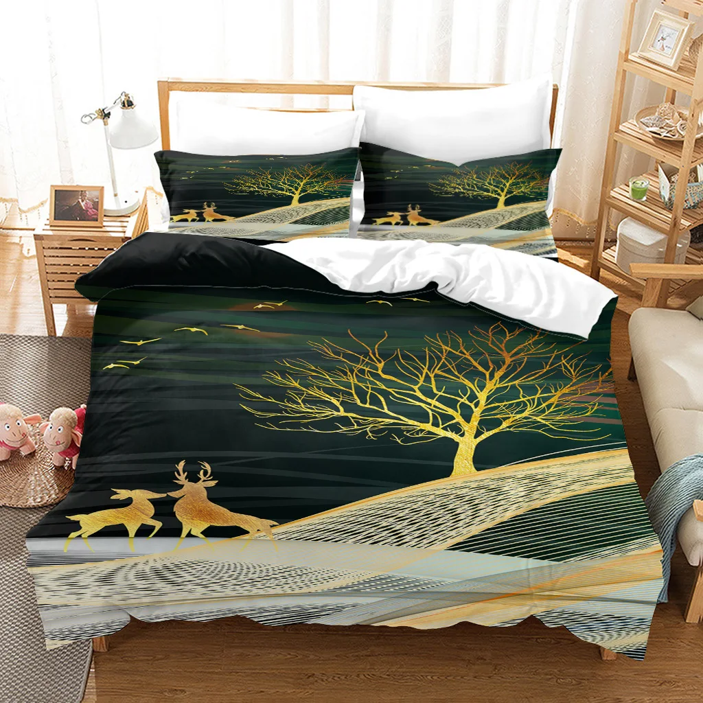 

Deer Print Bedding Set King/Queen Size Golden Elk Life Tree Print Duvet Cover,Gilt Art Style Polyester Quilt Cover Teens Adults