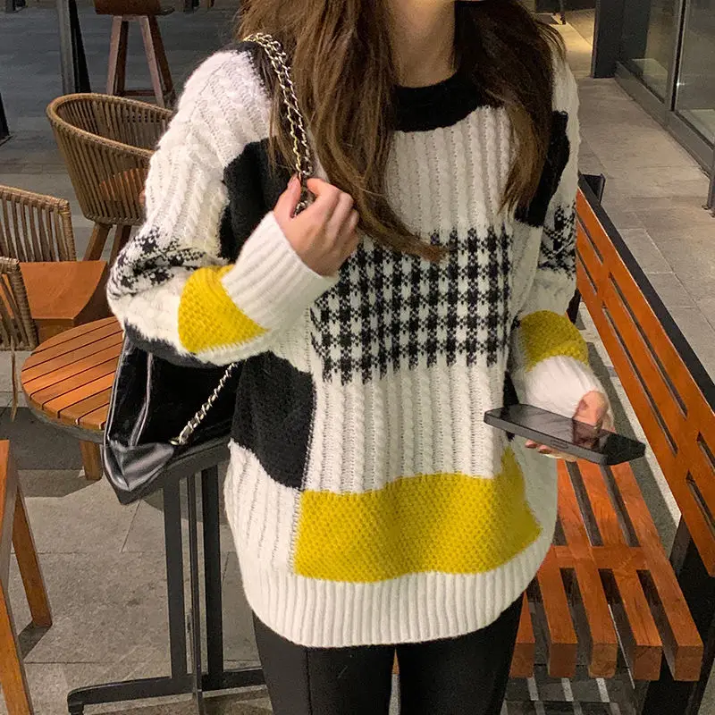 

Женский свитер в клетку с круглым вырезом, Свободный Повседневный укороченный свитер в Корейском стиле с длинным рукавом, повседневные пул...