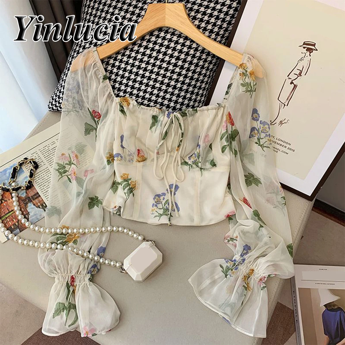 

Tops Women Blouses Sexy French Retro Sweet Mesh Sunscreen Shirt Floral Tee Designed Transparent Blouse Stylish Y2K Street Wear