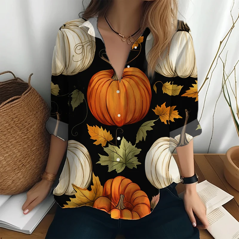 

Осенняя рубашка с длинным рукавом и 3D-принтом тыквы, уличная офисная Модная Повседневная рубашка, Женская Классическая рубашка с отложным воротником