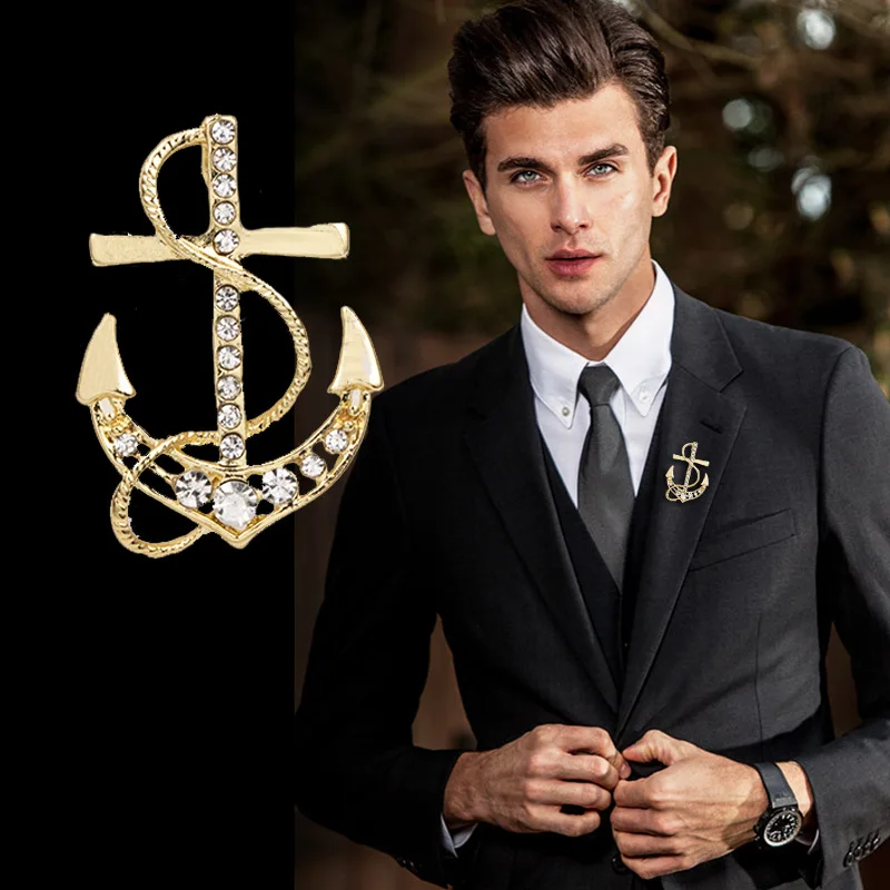 ASLSAW 1pc Naval Wind Crystal Rhinestone Anchor Brooch Men's Corsage Suit Accessories Personalized Male Suit Pins Badge
