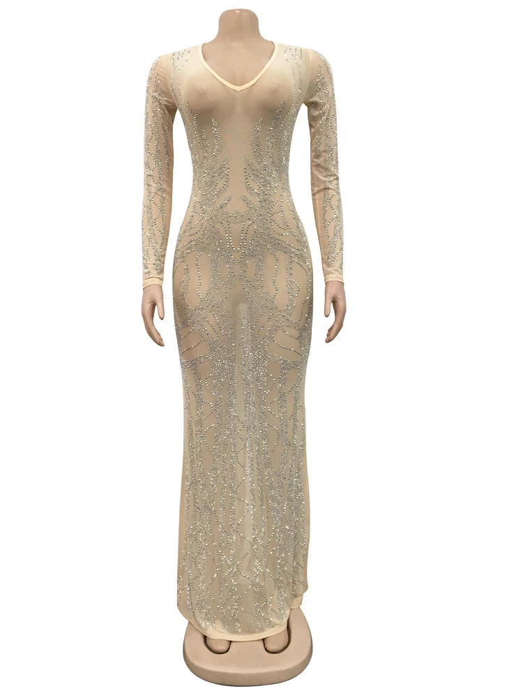 Women 2022 Elegant Gorgeous Crystal Gown Deep V Neck Mesh Patchwork Sequin Maxi Dress Special Occasion Outfits