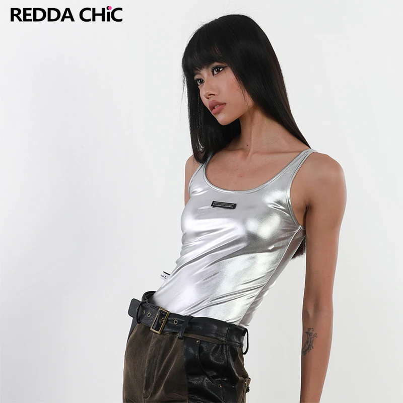 

ReddaChic Retro Silver Women Tank Top Metallic Sleeveless Short Vest Glitter Camisole Crop Top Punk Grunge Y2k Vintage Clubwear