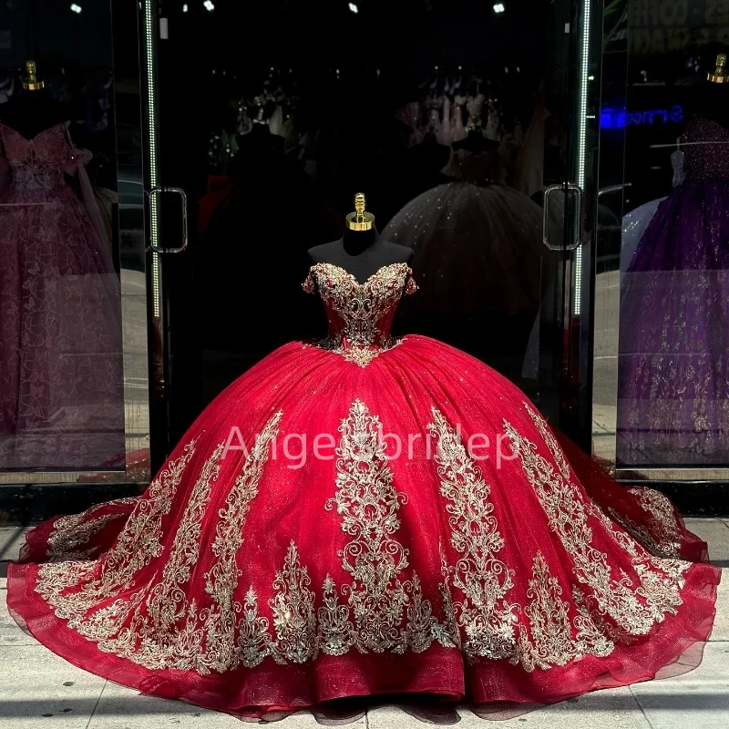 Великолепное Красное Бальное Платье Angelsbride платье Quinceanera с золотыми стразами 15-15