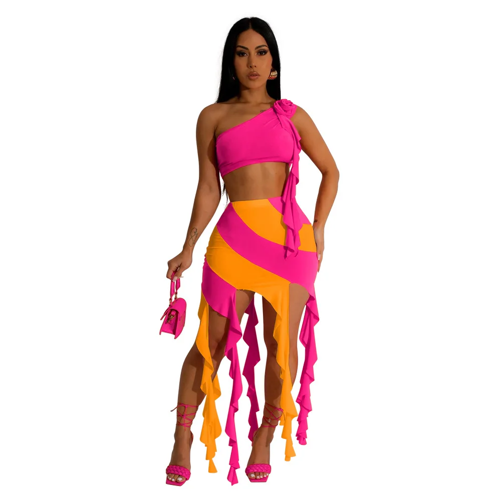 

Clothing 2023 Summer New Fashion Streetwear Two Piece Set Women Lace-up Sexy Solid One Shoulder Backless Vest Top Panelled Skirt