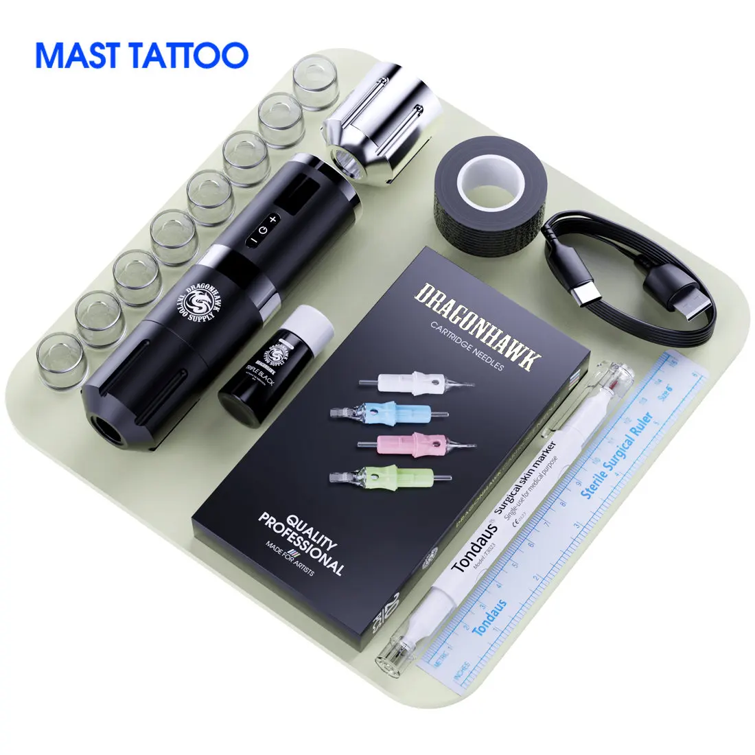 Professional Dragonhawk Rotary Wireless Machine Mast Tattoo Pen Battery Makeup Permanent Needle Cartridge Ink Pigment Set Supply