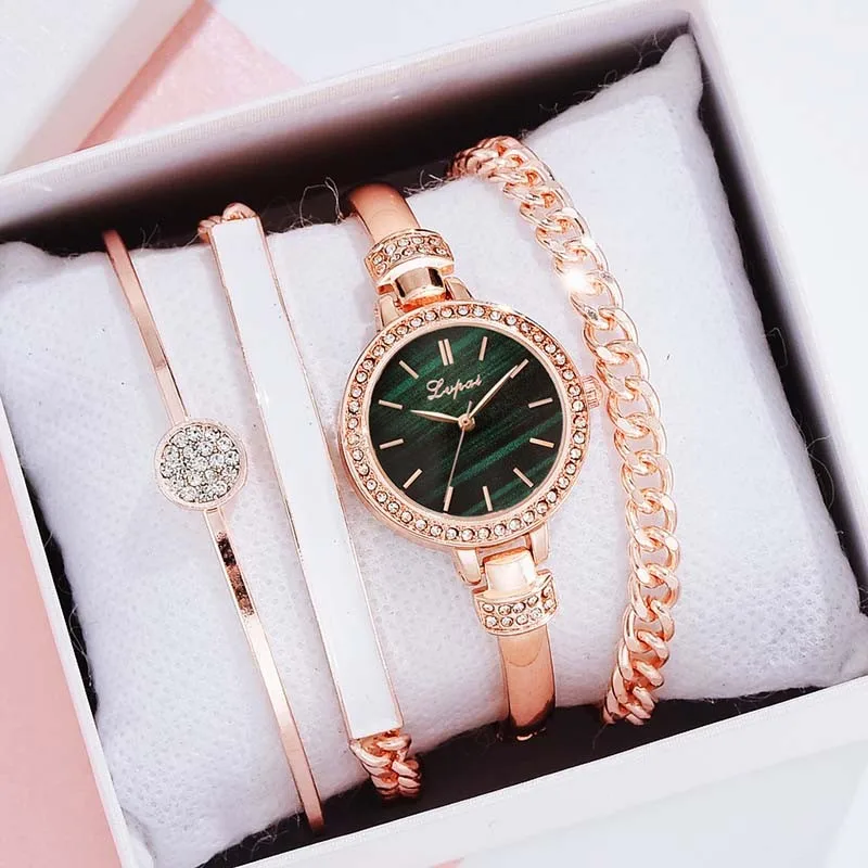 New Korean Edition Trendy Diamond Embedding Fashion Business Four Piece Set Women's Versatile Quartz Watch