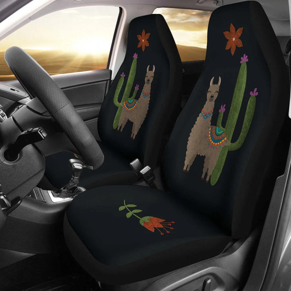 

Brown Llama Car Seat Covers Chalky Style Cactus and Flower Design Prin,Pack of 2 Universal Front Seat Protective Cover