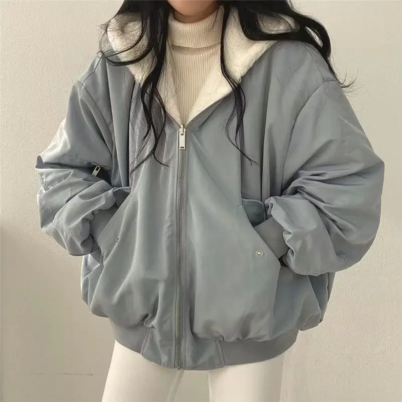 Winter Fleece Fluffy Jacket Women Harajuku Solid Thick Warm Fuzzy Plush Zipper Reversible Parka Jackets Coat Outwear Hoodies images - 6