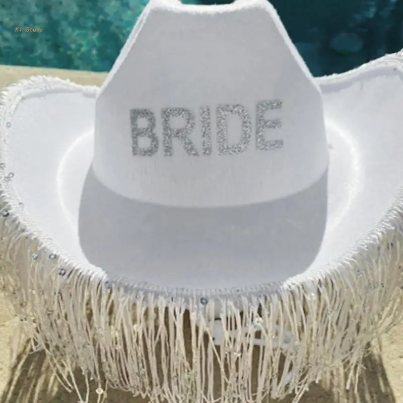 

Шляпа невесты Cowgirl для взрослых, ковбойская шляпа со встроенными блестками и кисточками подходит для большинства женщин, для девичника