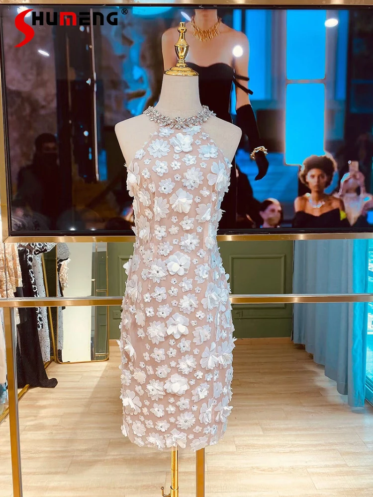 

Luxury Three-Dimensional Flower Halter Dress Woman 2023 Summer New French Lace-up Rhinestone Off-Shoulder Slim Mesh Short Dress