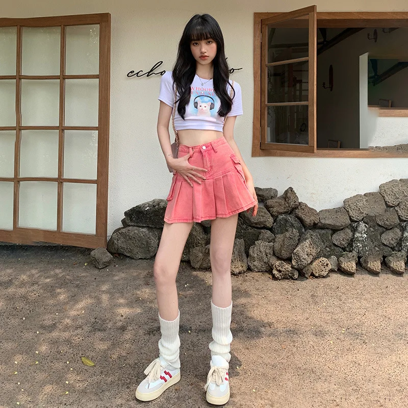 Мини-юбка в клетку стиле Харадзюку милая розовая трапециевидная юбка для косплея