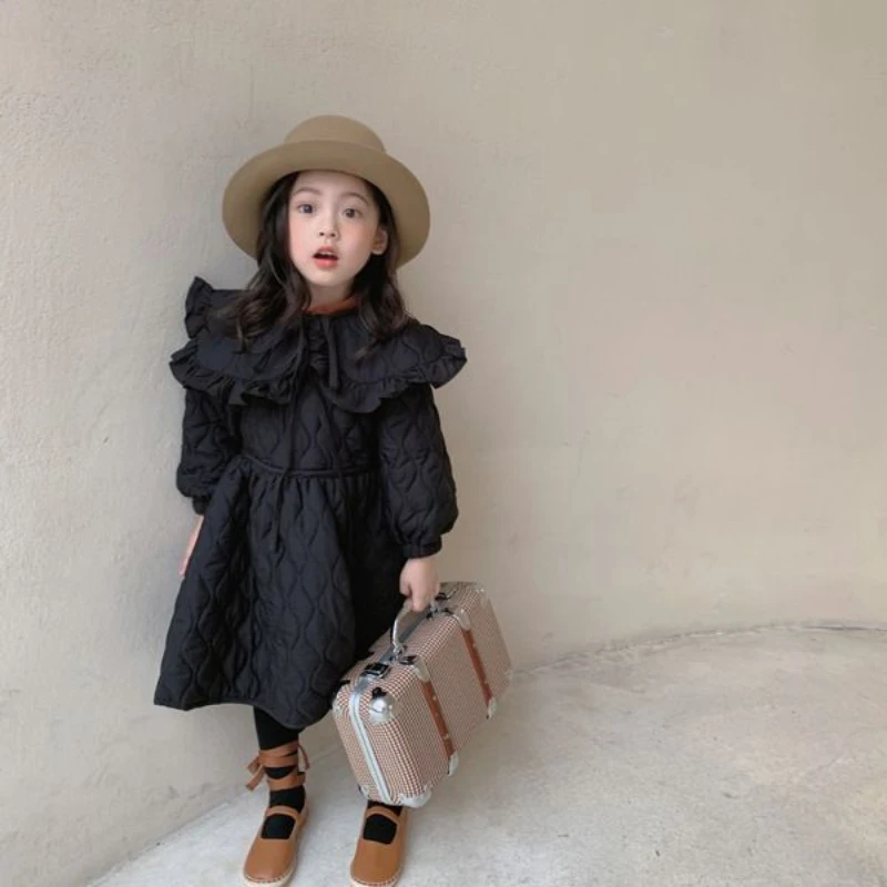 Teen Winter Girl Thick Dress A-line Knee Length Turn-down Collar Baby Girls Warm Clothes Solid Comfortable Sweet Fashion Robe