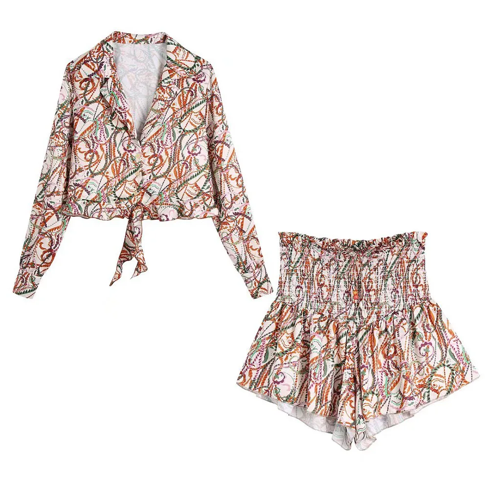 

2022 Female clothing New Fashion print short pants Vintage wide leg High waist shorts drawstring Summer shorts for women