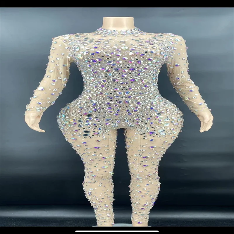 

Q333 Jumpsuit Full Crystals New Rhinestones Transparent Performance See-Through Tight Elastic Stretched Shinning Skinny Slim Bar