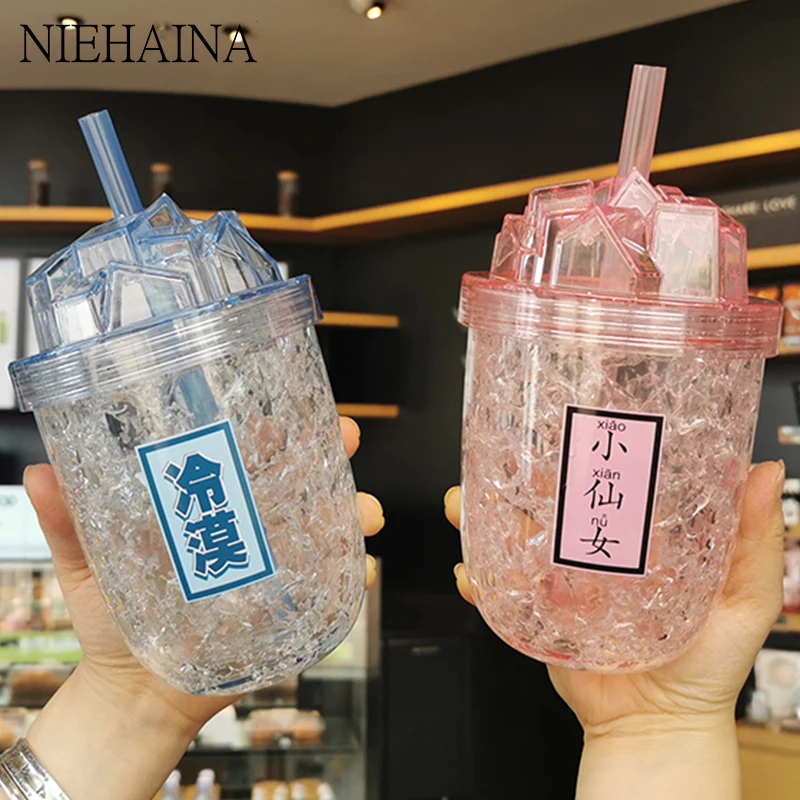 

Drinking Bottle Lovely Broken Ice Cup Simple Milk Tea Cup Cold Insulation Cooling Straw Water Cup Double Layer