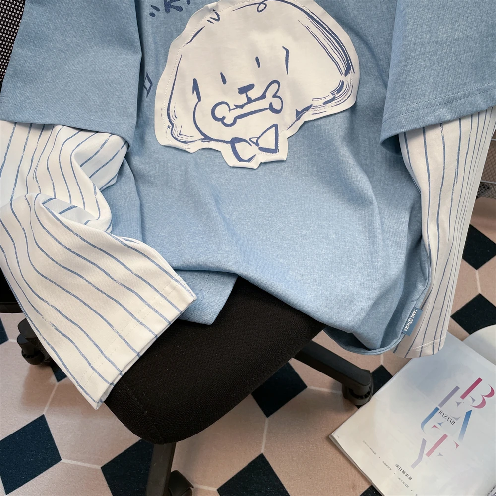 Japan fashion Applique Puppy Fake Two Pieces Long sleeves Shirt Women Autumn Chic Hong Kong Sle Retro Contrast Color Stripe...