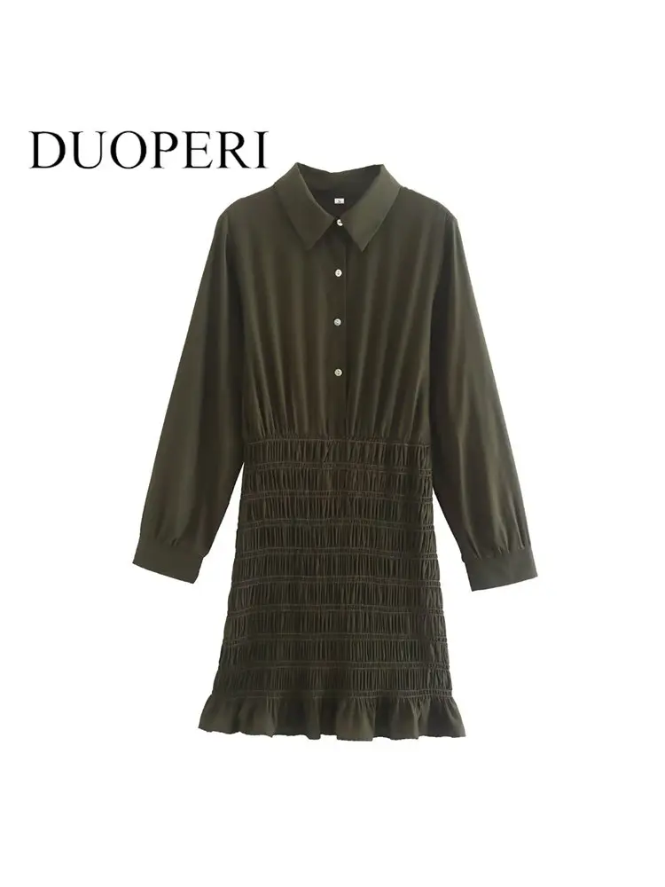 

Платье-рубашка DUOPERI женское однотонное, модное винтажное шикарное мини-платье с отложным воротником, длинными рукавами, эластичным поясом