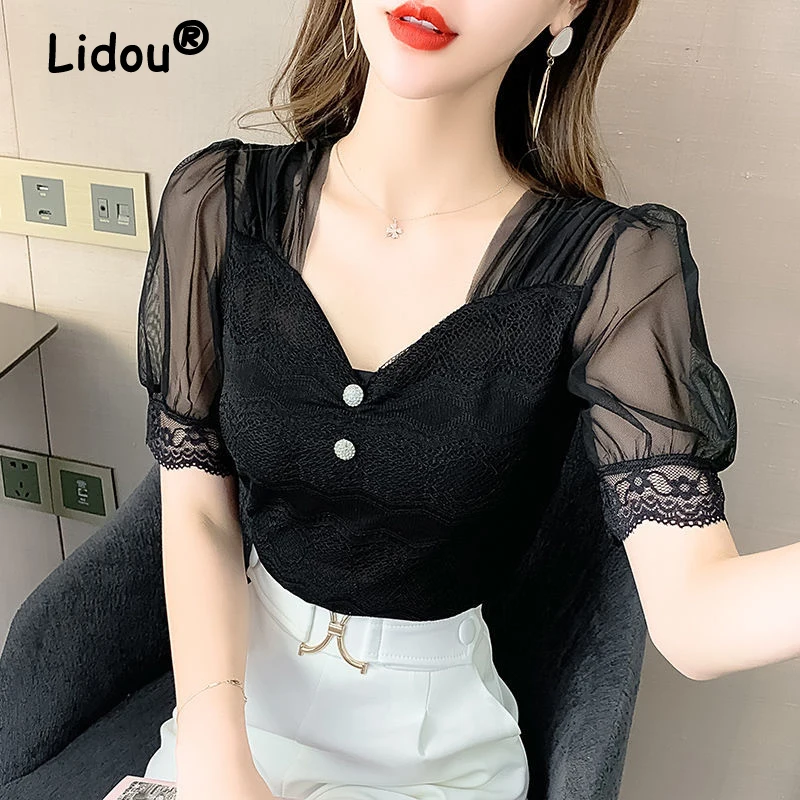 Camisa de malla negra con cuello cuadrado y manga abombada, blusa elegante de estilo coreano, camisa informal de manga corta para mujer 2022