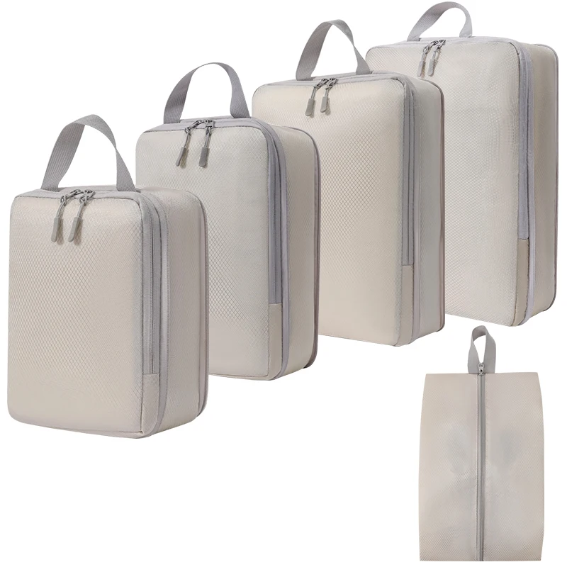 5PCS Compressed Packing Cubes Travel Storage Set Mesh Visual Luggage Organizer With Shoe Bag Portable Lightweight Suitcase Bag