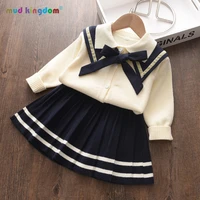 mudkingdom girl 2pcs set knitted topspleated skirts school style bow knot sweet girls sweater suit for kids girl clothes spring