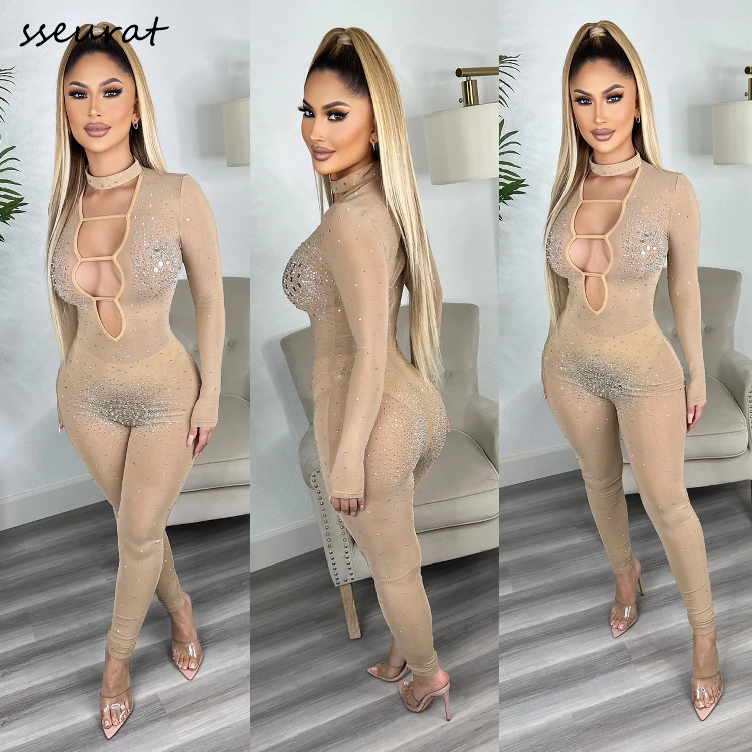 

Sexy Women Long Sleeve Mesh Glitter Rhinestones Romper Summer Night Club Transparent Zipper Jumpsuit