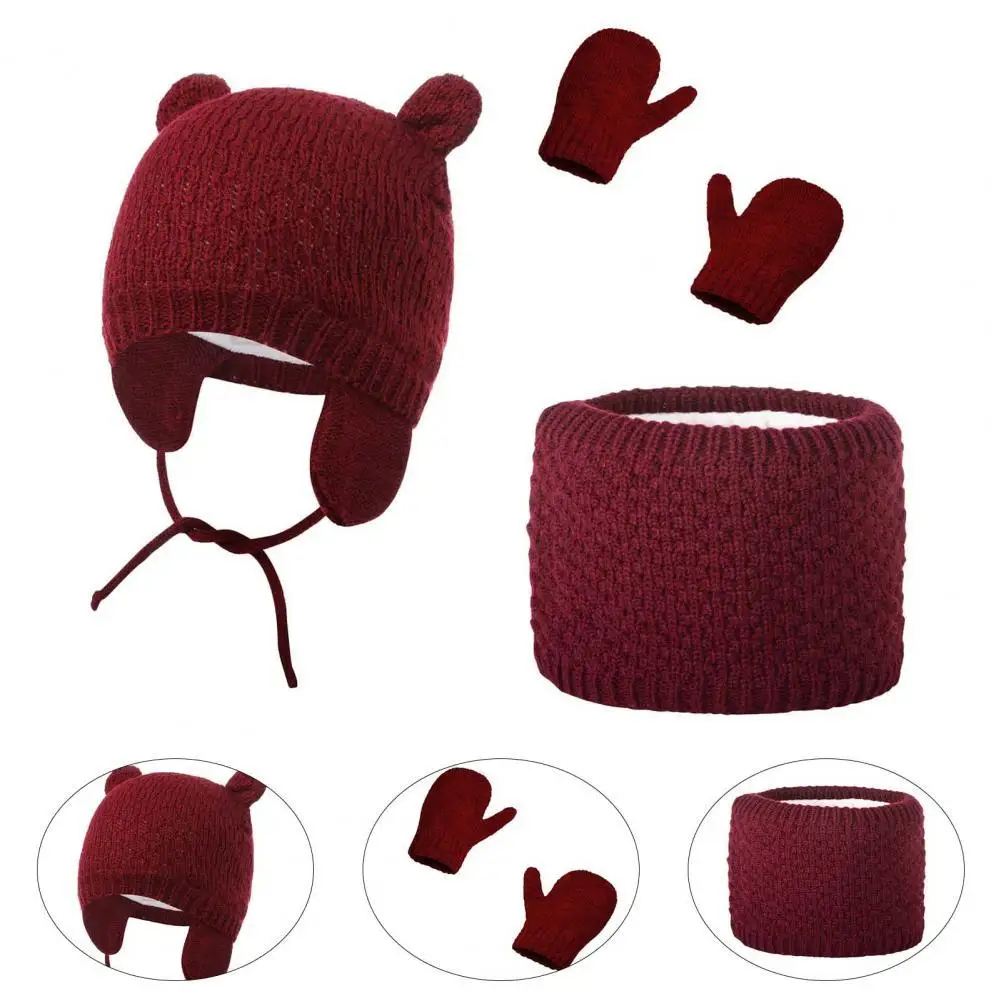 

1 Set Fashion Cute Cartoon Ear Scarf Gloves Kids Cap Solid Color Easy Match