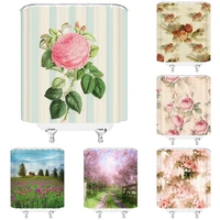 pink floral striped shower curtain watercolor flowers vintage blossom rustic rose peony green leaves fabric bathroom decor set