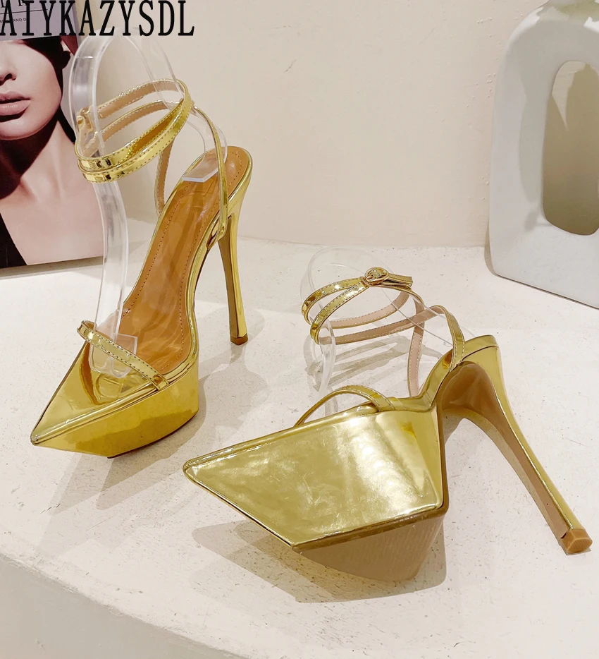 

Туфли AIYKAZYSDL женские на очень высоком каблуке, босоножки с острым носком, туфли-лодочки, ремешки, гладиаторы, странные платформы, золотистые, ...