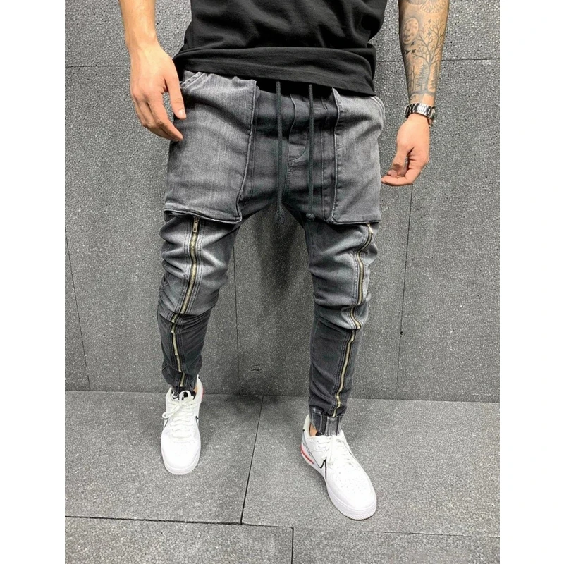 Streetwear Vintage Jeans Casual Loose Pockets Stitching Zipper Jeans Men Lace-up Mid-Waist Denim Pencil Pants Sports Jeans