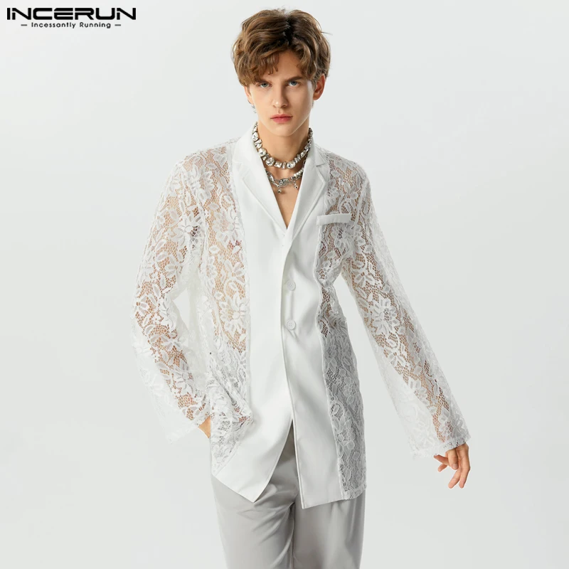 

Мужская кружевная рубашка в стиле пэчворк, прозрачная рубашка с отложным воротником и длинным рукавом, уличная одежда на пуговицах, Мужская одежда, модные рубашки в стиле унисекс, 2023